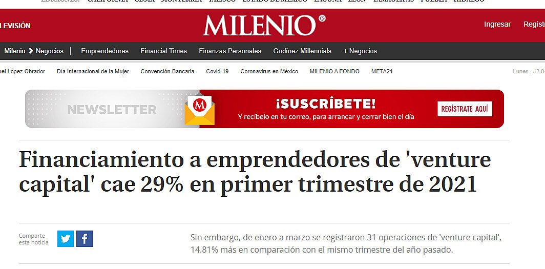 Financiamiento a emprendedores de 'venture capital' cae 29% en primer trimestre de 2021